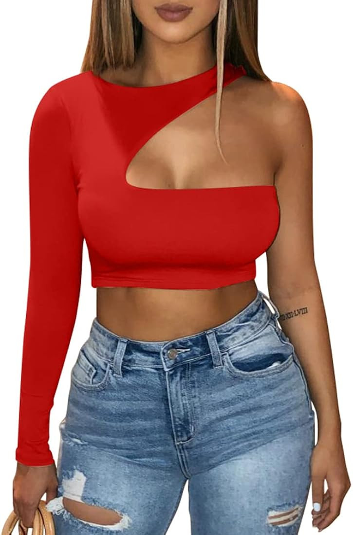 XXTAXN Women's Fall Sexy Long Sleeve Cutout Solid Halloween Going Out Fitted Tops | Amazon (US)