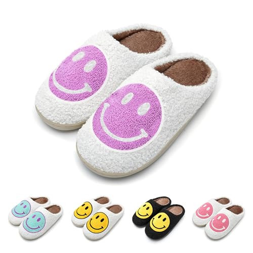 Original Smiley Face Slippers for Women - Retro Soft Plush Comfy Happy Face Slippers for Women Indoor and Outdoor - Trendy House Slippers for Woman, Men & Kids (Purple & White, US Footwear Size System, Adult, Women, Numeric, Medium, 9.5) | Amazon (US)