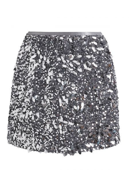 Teardrop Sequin Velvet Mini Skirt in Silver | Chicwish