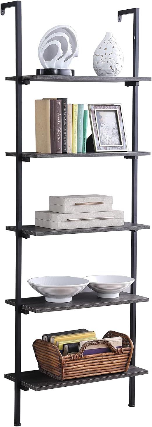 Ladder Shelf, Ohuhu 5 Tier Industrial Open Bookshelf, Wood Wall Mount Bookcase with Metal Frame, ... | Amazon (US)