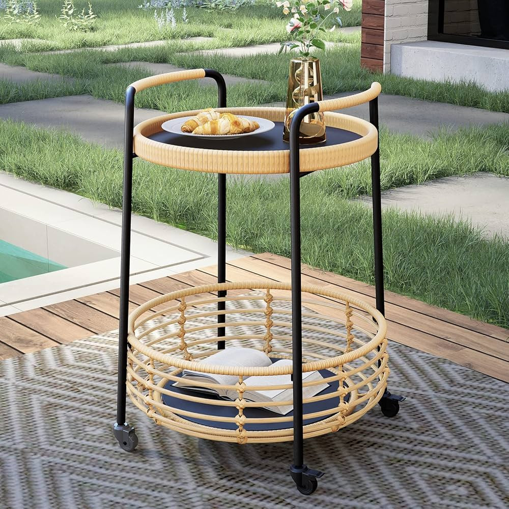 Grand patio Outdoor Small Side Table 2-tier Round Side Table with Wheels Wicker End Table with Gl... | Amazon (US)