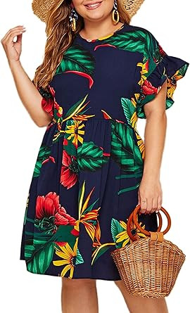 Milumia Women's Plus Size Tropical Leaf Print Ruffle Sleeve Pleated Short Dress | Amazon (US)