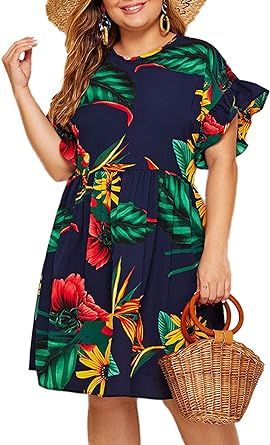 Milumia Women's Plus Size Tropical Leaf Print Ruffle Sleeve Pleated Short Dress | Amazon (US)