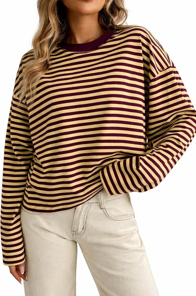 CHYRII Women Oversized Striped Long Sleeve T Shirt Fashion 2026 Crewneck Casual Fall Spring Tops ... | Amazon (US)