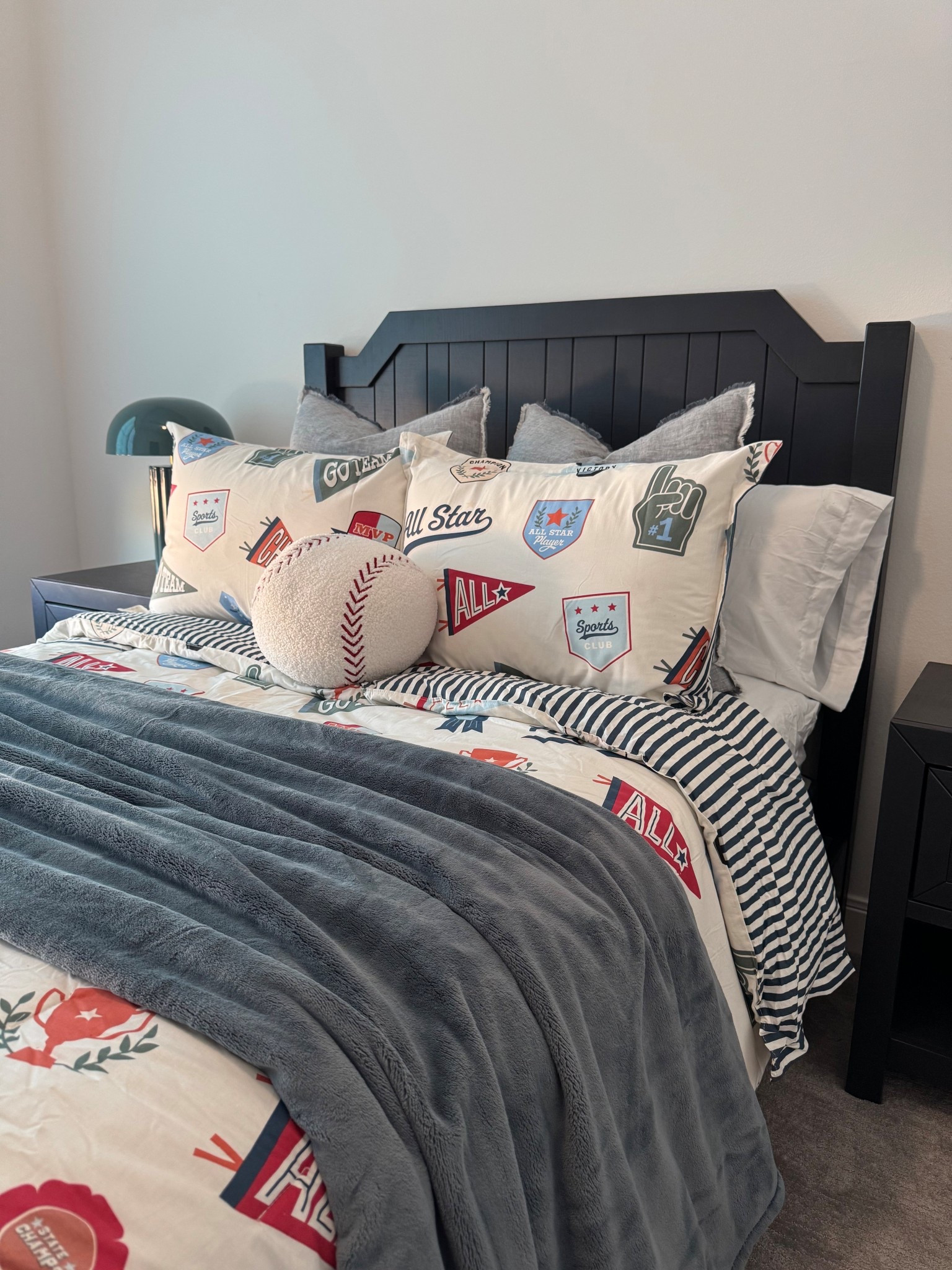 Toddler boy bedding. Bed sheets, pillows, Euro blue accent pillows, baseball Sherpa accent pillow. Sports theme comforter in size Full/Queen. Plush blue blanket in size Full/Queen. Mushroom blue lamps are a HomeGoods find. Boy room. Home. Bedroom. Style tip. 

#LTKHome #LTKKids #LTKStyleTip