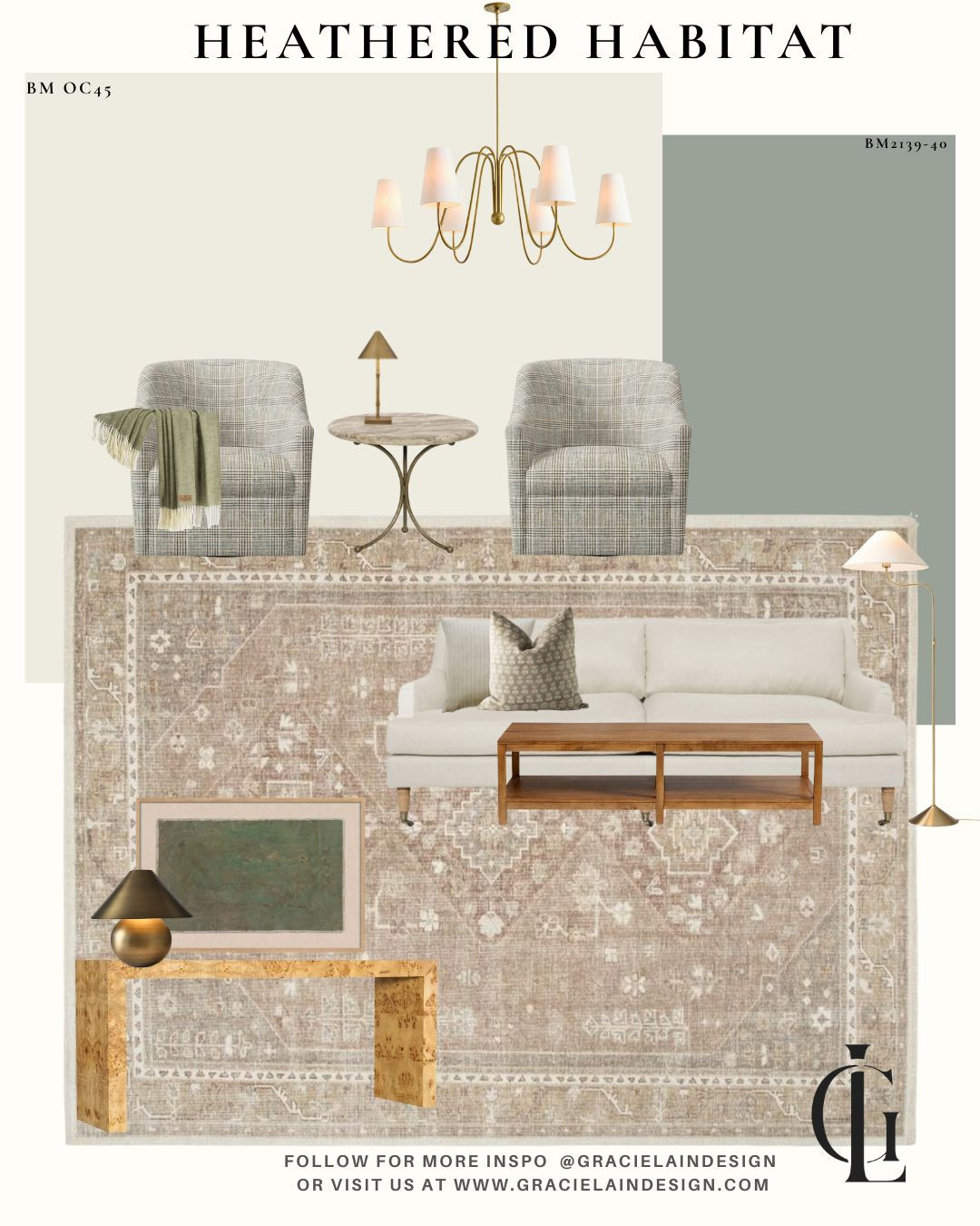 A relaxing living room moment 🤍
A heathered habitat with creamy white walls and sage gray contrast trim sets the tone—soft, calm, and inviting. We layered in interest while keeping the relaxed vibe with a beautiful deep linen sofa, cool plaid swivel chairs, cozy wool rug, and a burlwood console that adds depth and warmth. Modern art, brass accents in the lighting, and warm woods throughout elevate the space, making it feel modern, unique, and effortlessly livable.
This is the kind of room you’ll want to settle into any day.
✨ Save to your story + shop the look
👉 Visit gracielaindesign.com for more
#LTKHome #LivingRoomInspo #ModernOrganic #RelaxedLuxury #InteriorDesign #NeutralInteriors #LayeredLiving #ElevatedEveryday #GracielaInDesign 

 #LTKHome #LTKSaleAlert