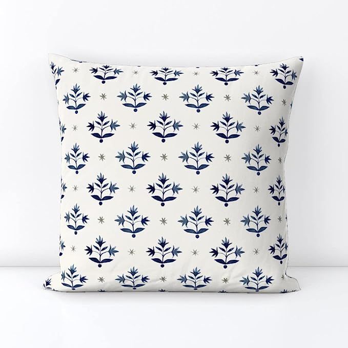 Spoonflower Square Throw Pillow, 18", Linen Cotton Canvas - Thistle Stars Navy Cream Minimal Flor... | Amazon (US)