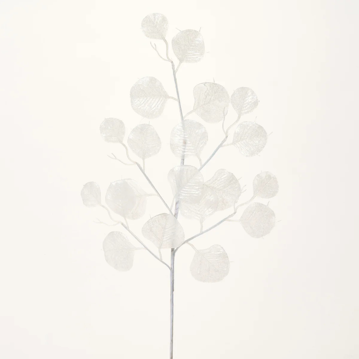 Translucent White Glitter Eucalyptus Leaf Branch Spray - 24" | Darby Creek Trading