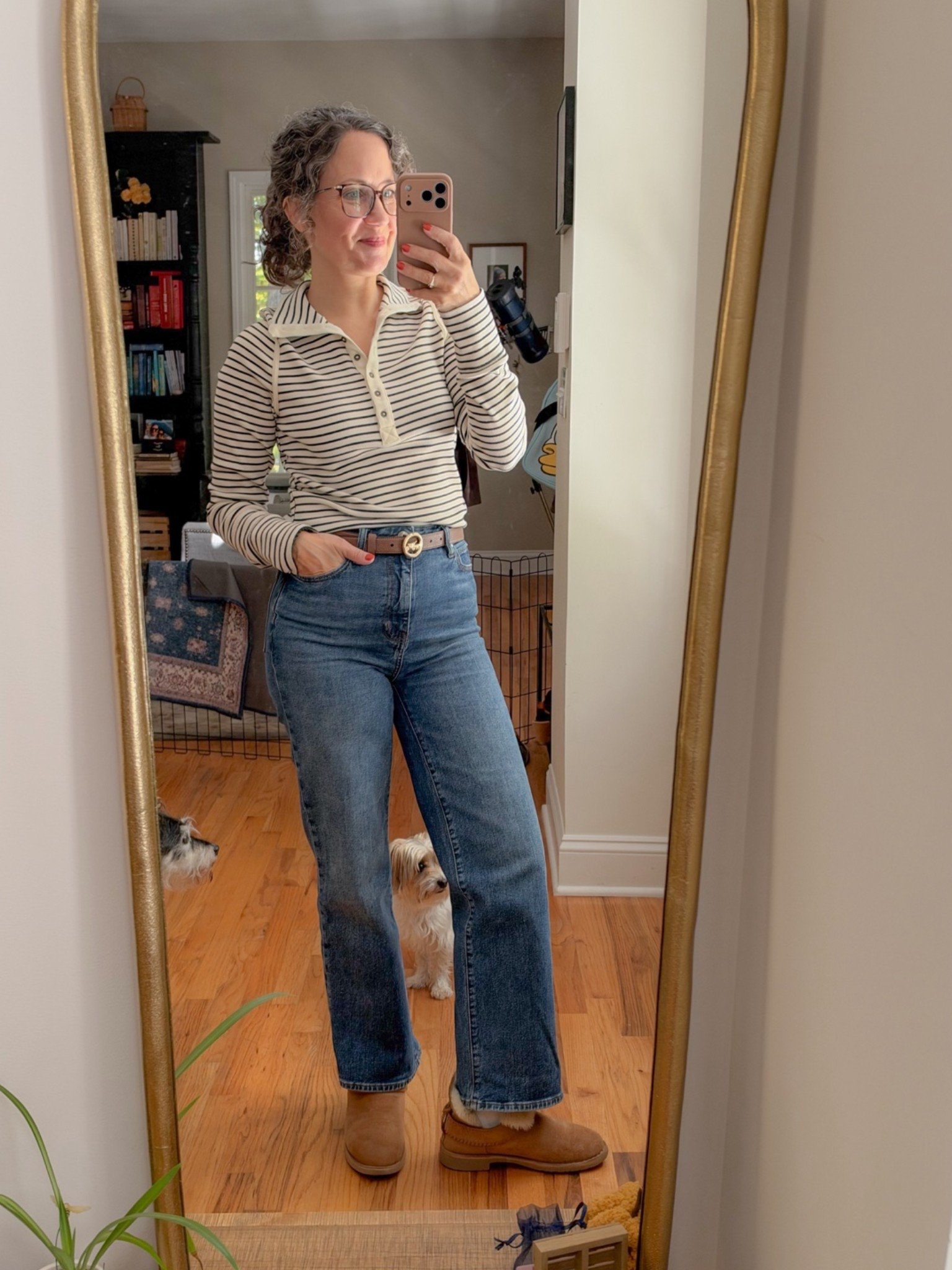 Mom on the go fall outfit!
Free People top, Frame jeans, Coach belt, Ugg short boots.