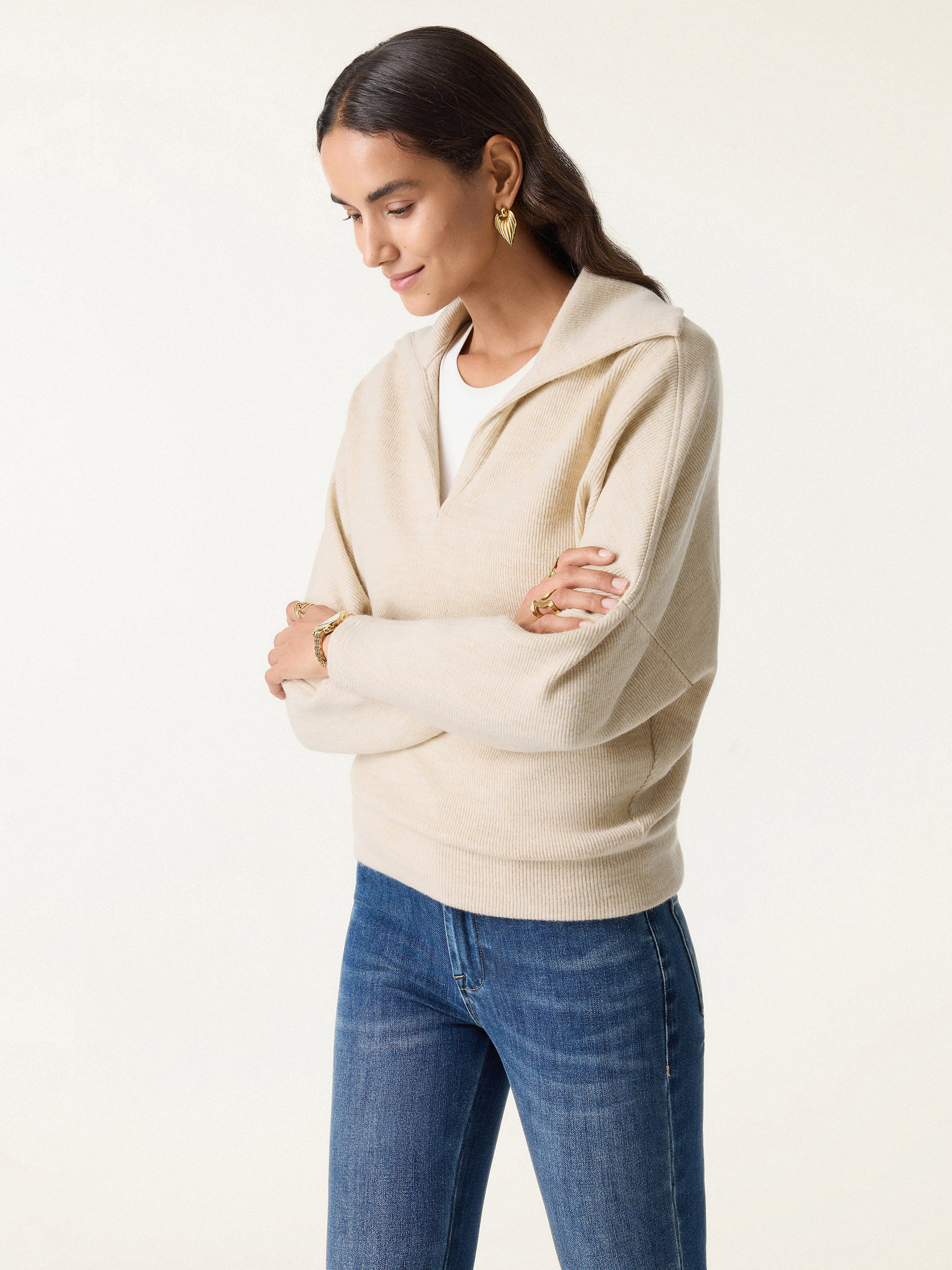Cozy Collared V-Neck Batwing Sleeve Pullover | OGLmove