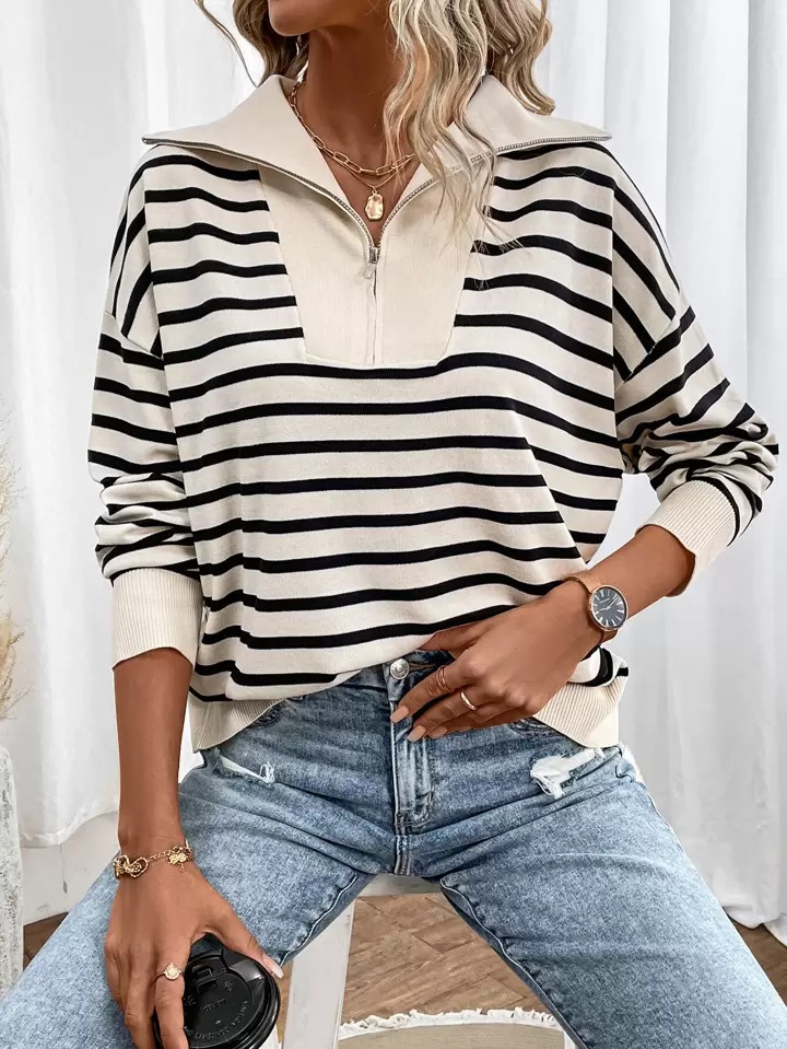SHEIN Frenchy Striped Pattern Quarter Zip Drop Shoulder Sweater | SHEIN