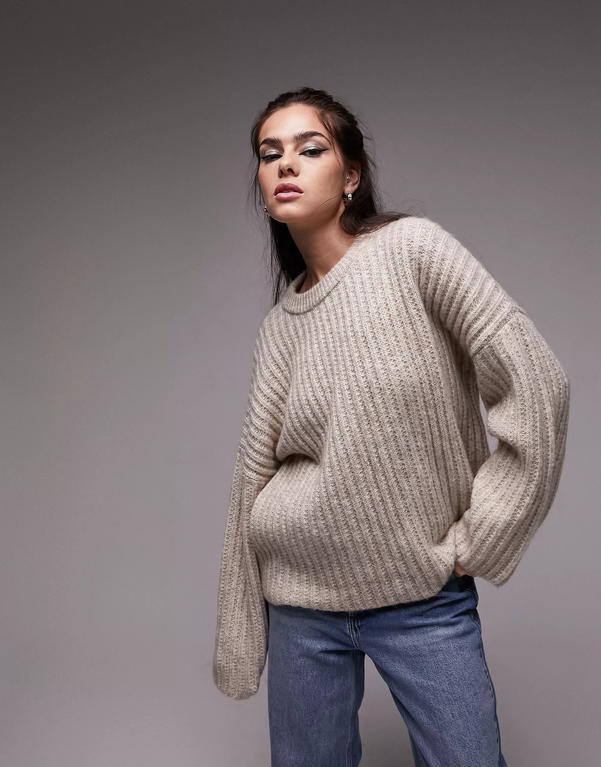 Topshop knitted ribbed crew sweater in oat | ASOS (Global)