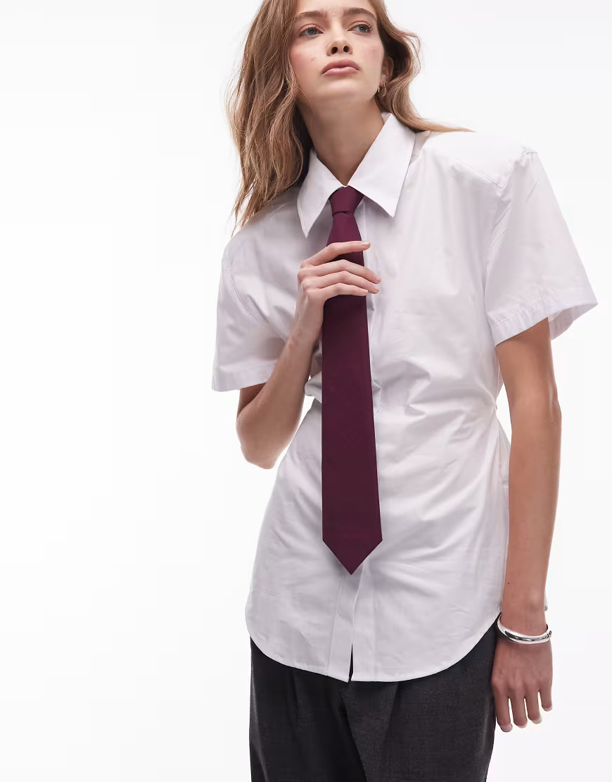 ASOS DESIGN shoulder pads short sleeve shirt with polka dot tie in white | ASOS (Global)