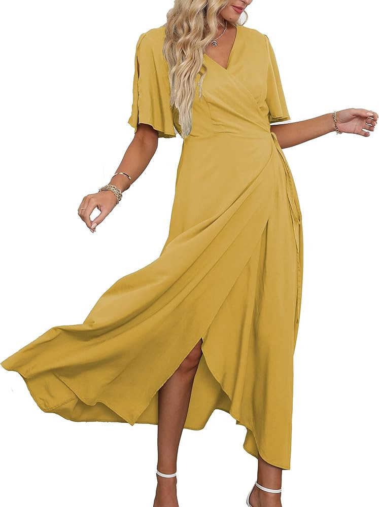 DEEP SELF Women Summer V Neck Short Sleeve Split Wrap Maxi Dress Waist Tie Casual Flowy Long Dres... | Amazon (US)