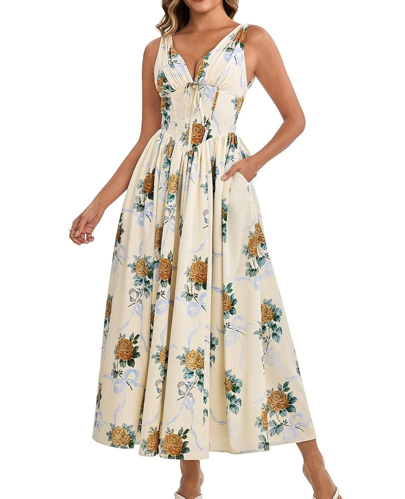 GLNEGE Women's Summer Corset Midi Milkmaid Dress Casual V Neck Flowy A Line Sundress Wedding Gues... | Amazon (US)