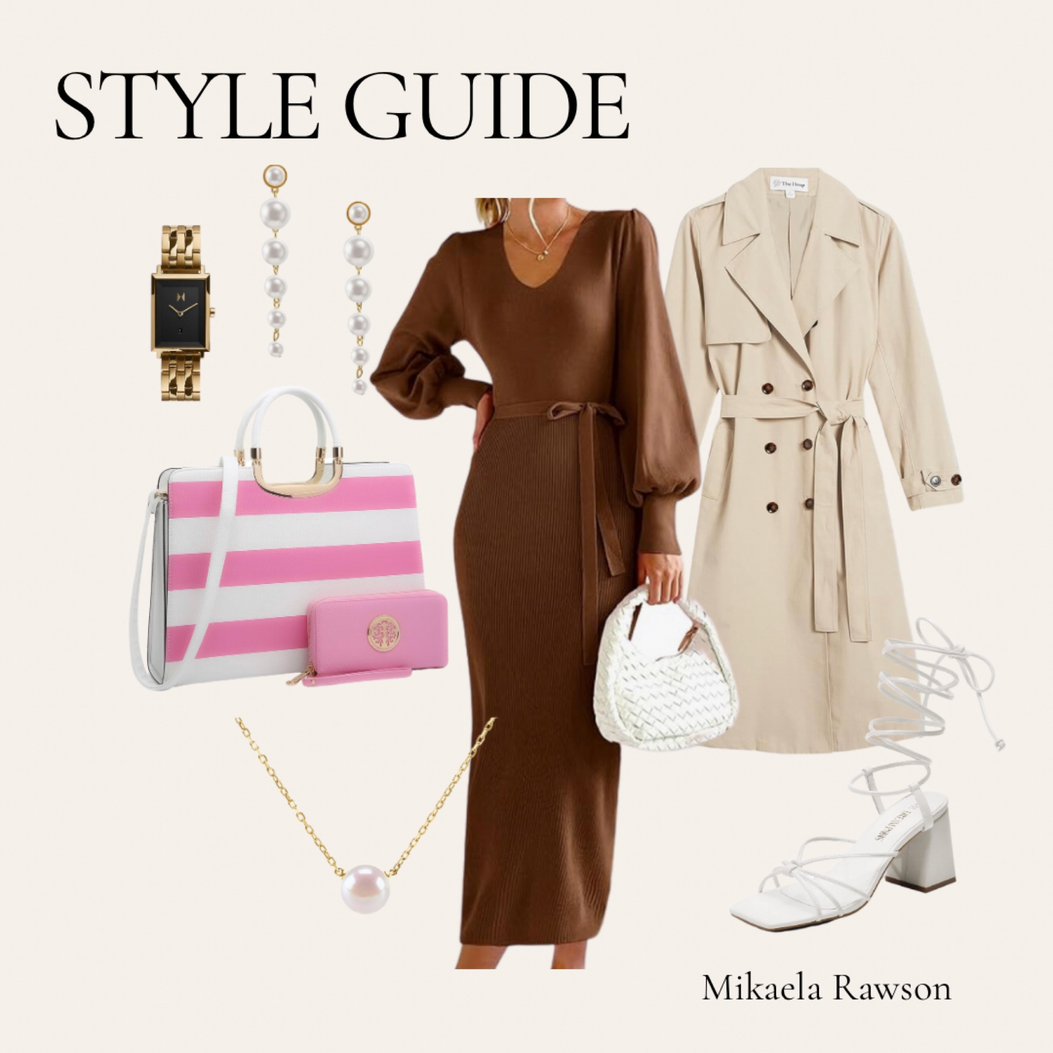 STYLE GUIDE BY MIK - brown amazon dress. Cream trench coat. Pink bag. White strappy heels. Pearl dangly earrings. Gold watch. Gold pearl necklace  

#LTKxPrime #LTKSeasonal #LTKbeauty
