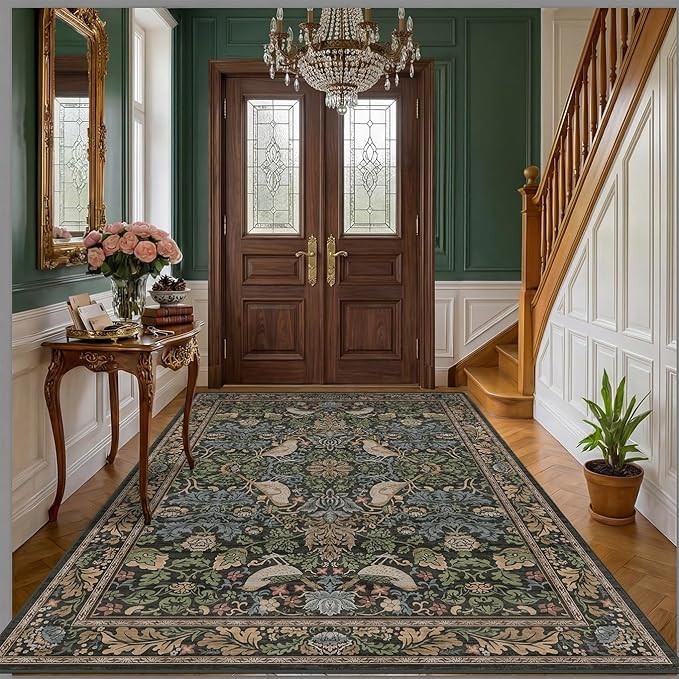 Vintage Floral Area Rug 5x7 for Living Room - Dark Green Forest Bird Rugs for Bedroom, Dinning Ro... | Amazon (US)