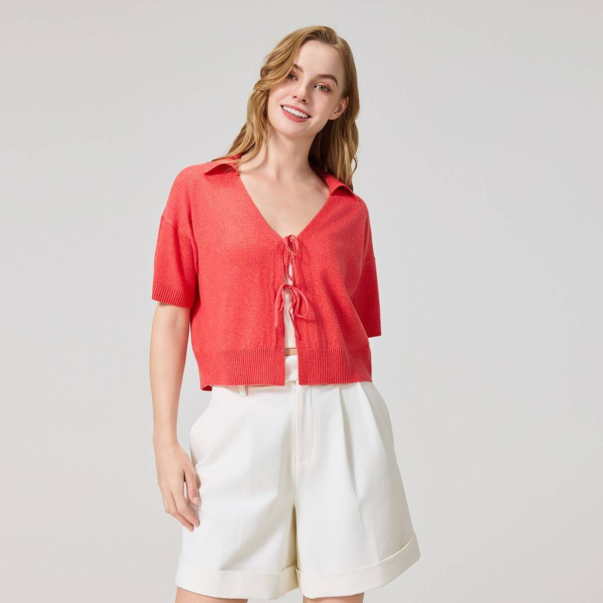Women's Elbow Sleeve Tie-Front Polo Sweater - A New Day™ Coral Red XL | Target