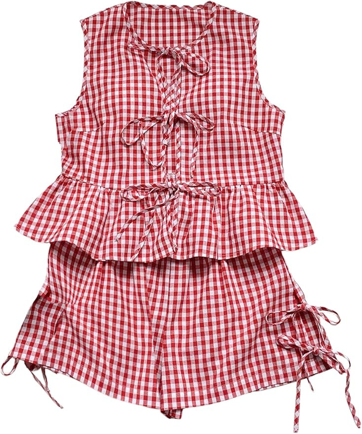 GORGLITTER Women's 2 Piece Outfits Summer Plaid Gingham Bow Tie Front Ruffle Tank Top Wide Leg Sh... | Amazon (US)
