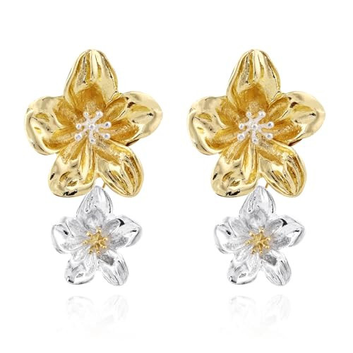 Gold and Silver Flower Dangle Earrings for Women 925 Sterling Silver Drop Earrings Big Gold Floral Earrings Orchid Earrings for Gift | Amazon (US)