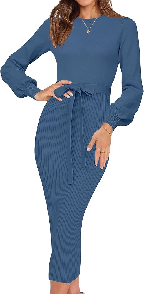 HAEOF Womens 2023 Fall & Winter Sweater Dress Elegant Ribbed Knit Crewneck Long Puff Sleeve Bodycon  | Amazon (US)