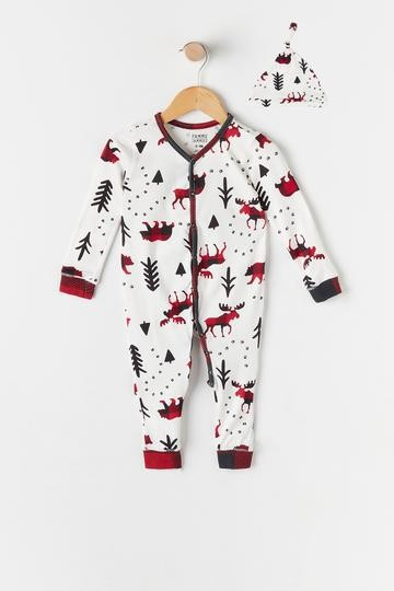 Baby Fammy Jammies 2-Piece Almoose Asleep Graphic Onesie and Bonnet Set | Urban Planet