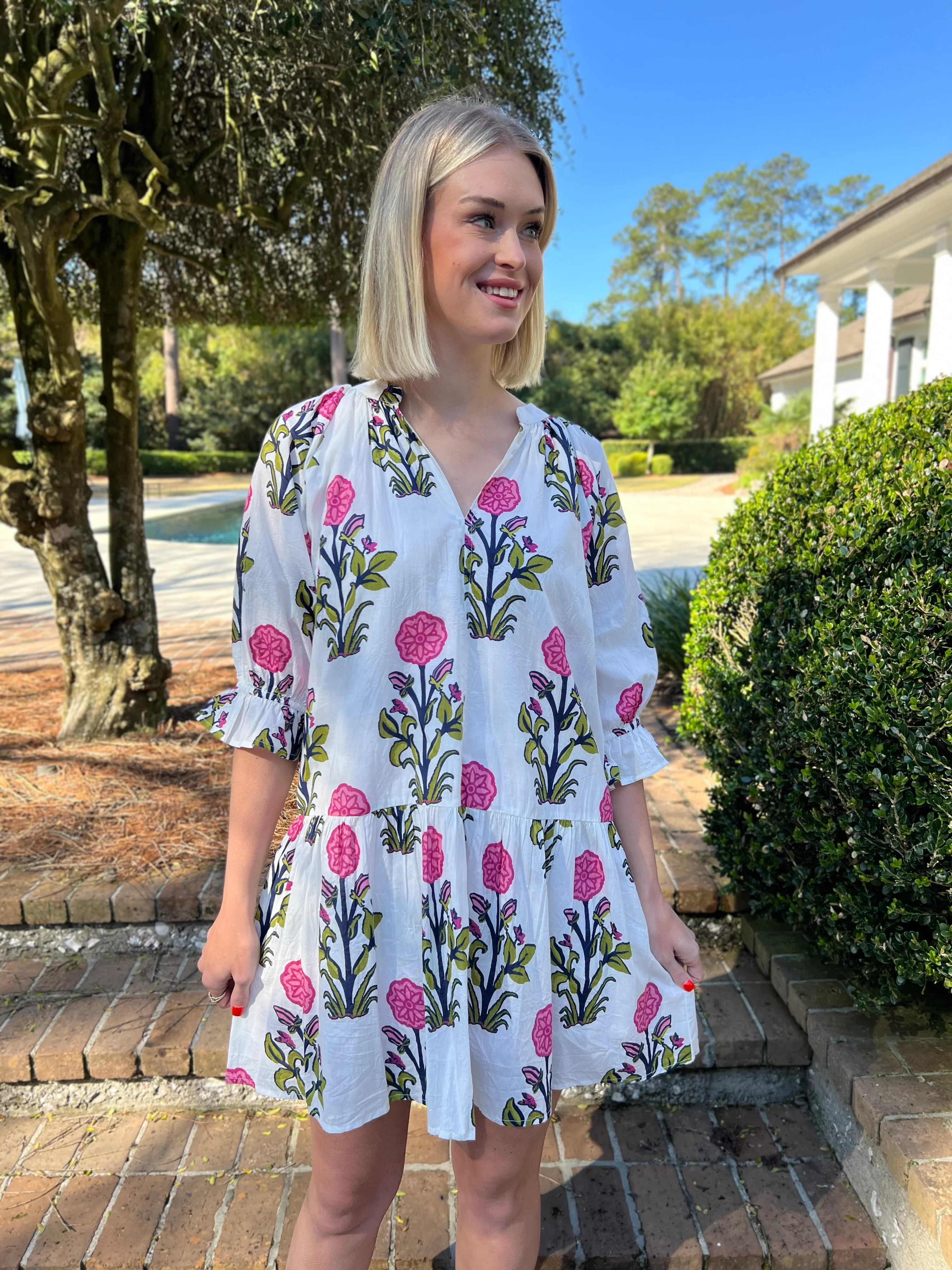 Graced In Floral White Puff Sleeve Dress | Caroline Hill
