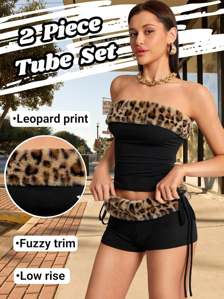 2 Piece Leopard Club Outfits Crop Top Booty Shorts
        EHSUYAB, 2000S, Sexy, Tube, Strapless,... | Amazon (US)