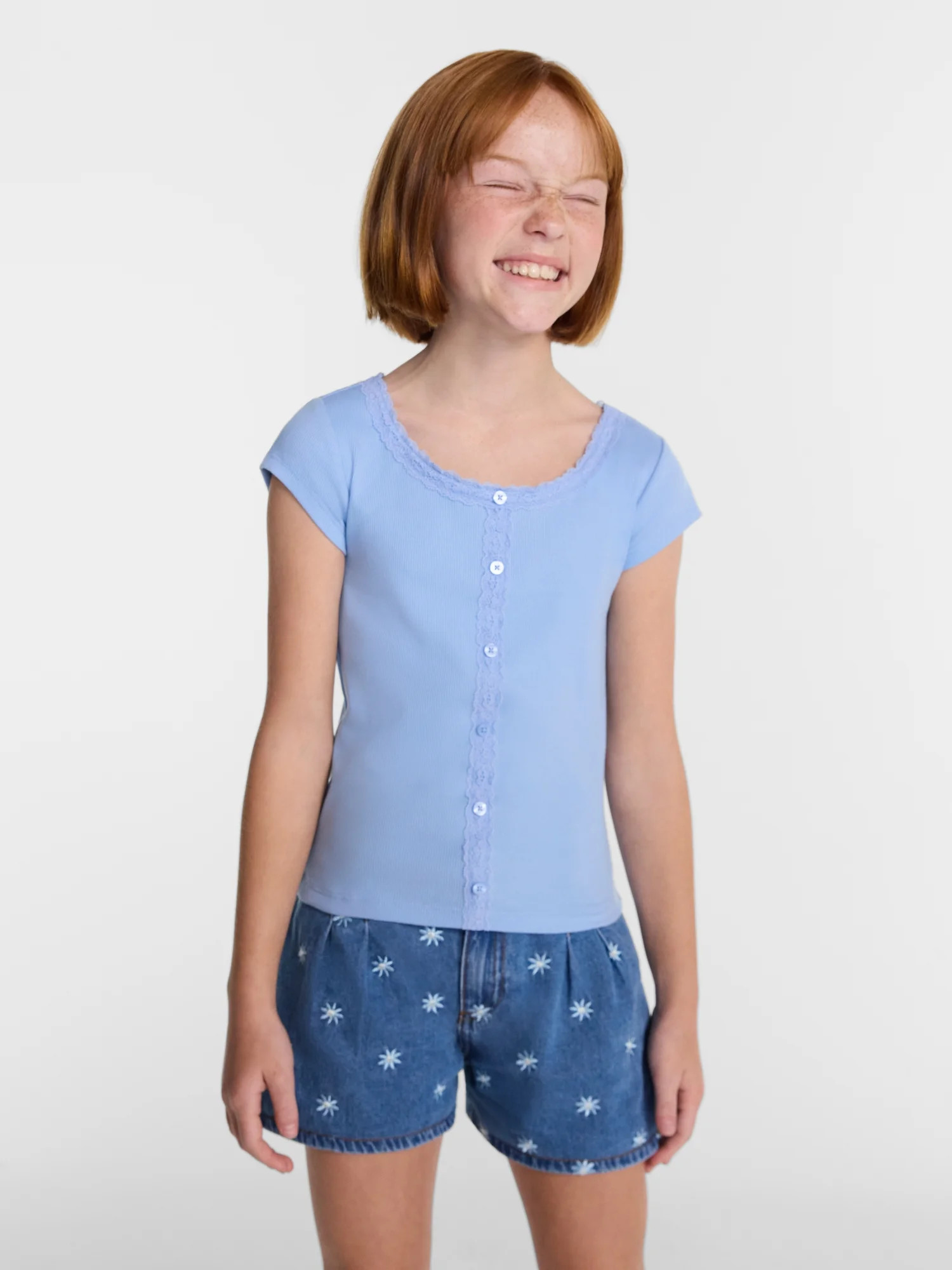 Wonder Nation Girls' Lace and Button Front Top with Short Sleeves, Sizes 4-18 & Plus | Walmart (US)