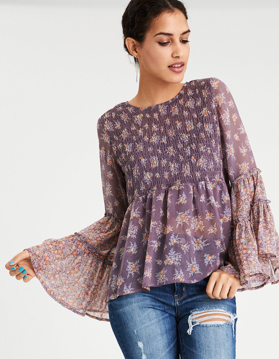 AE Chiffon Smocked Tunic, Lively Lilac | American Eagle Outfitters (US & CA)