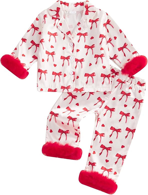 Toddler Baby Girl Satin Pajamas Set Fuzzy Trim Button Down Sleep Shirt Top Pants Bottoms Sleepwea... | Amazon (US)