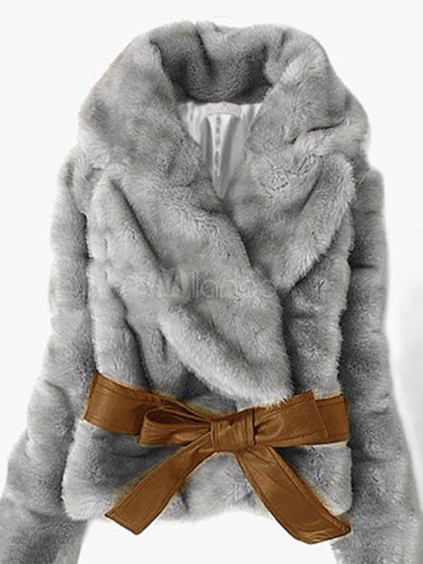 Faux Fur Coat Grey Long Sleeve Turndown Collar Sash Winter Coat For Women | Milanoo