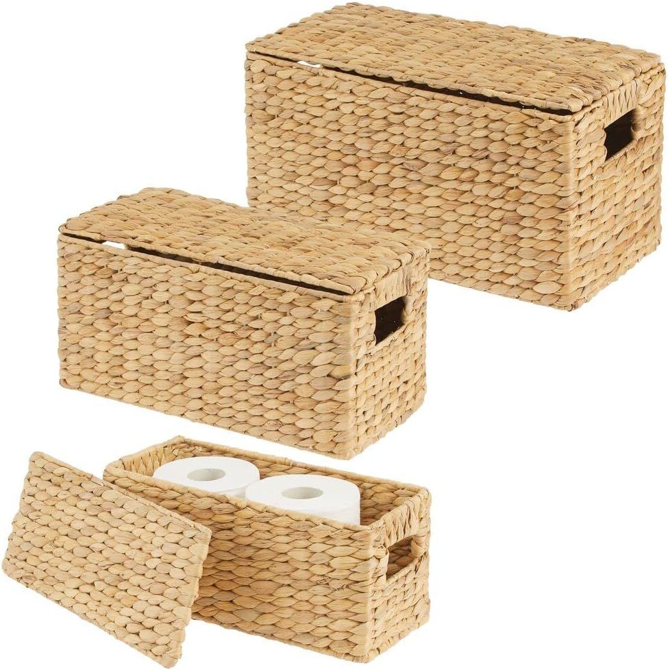 mDesign Woven Water Hyacinth Rectangle Storage Organizer Basket Bin with Topper Lid and Handles -... | Amazon (US)