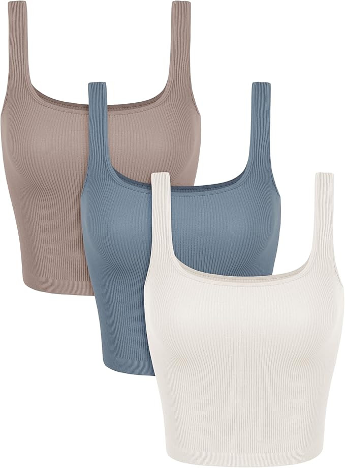 ODODOS 3-Pack Seamless Square Neck Crop Tank for Women Ribbed Knit Soft Low Back Cropped Tops | Amazon (US)