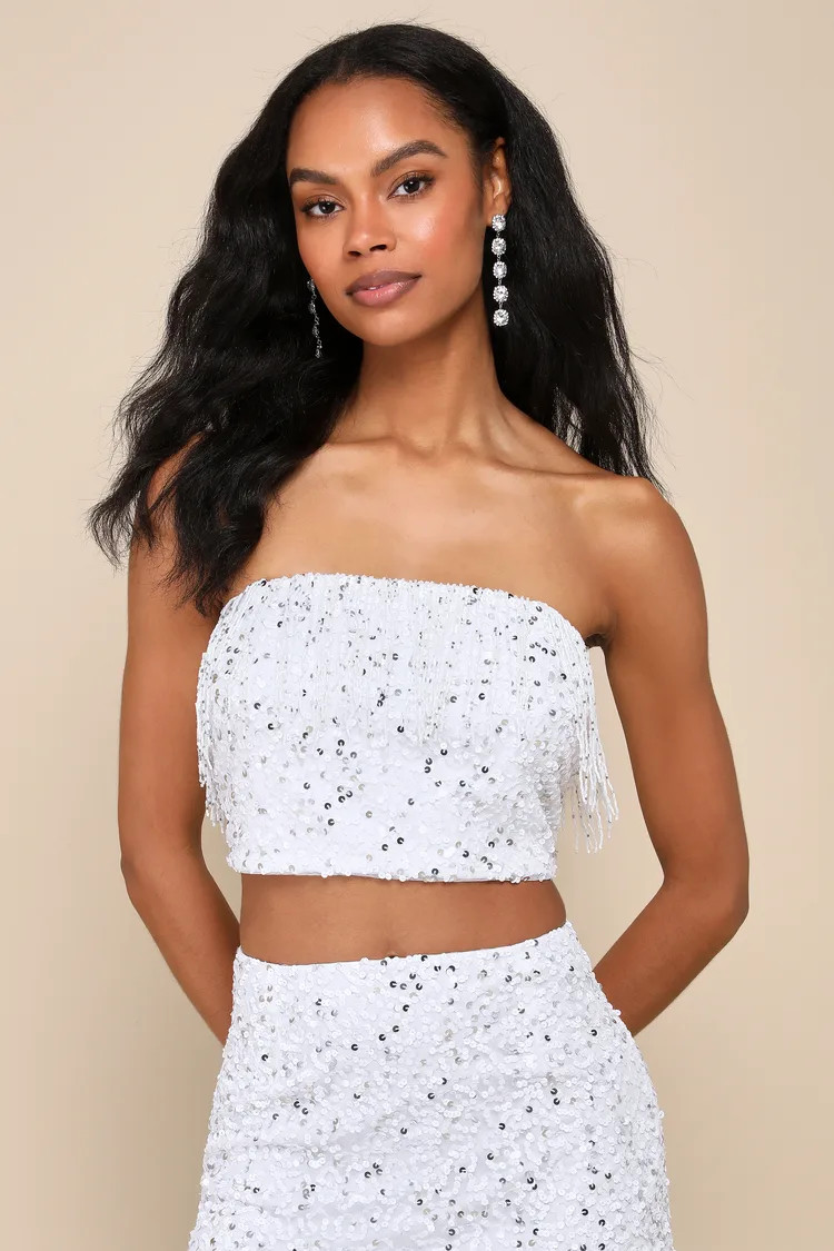 Glam of the Moment White Beaded Sequin Strapless Crop Top | Lulus