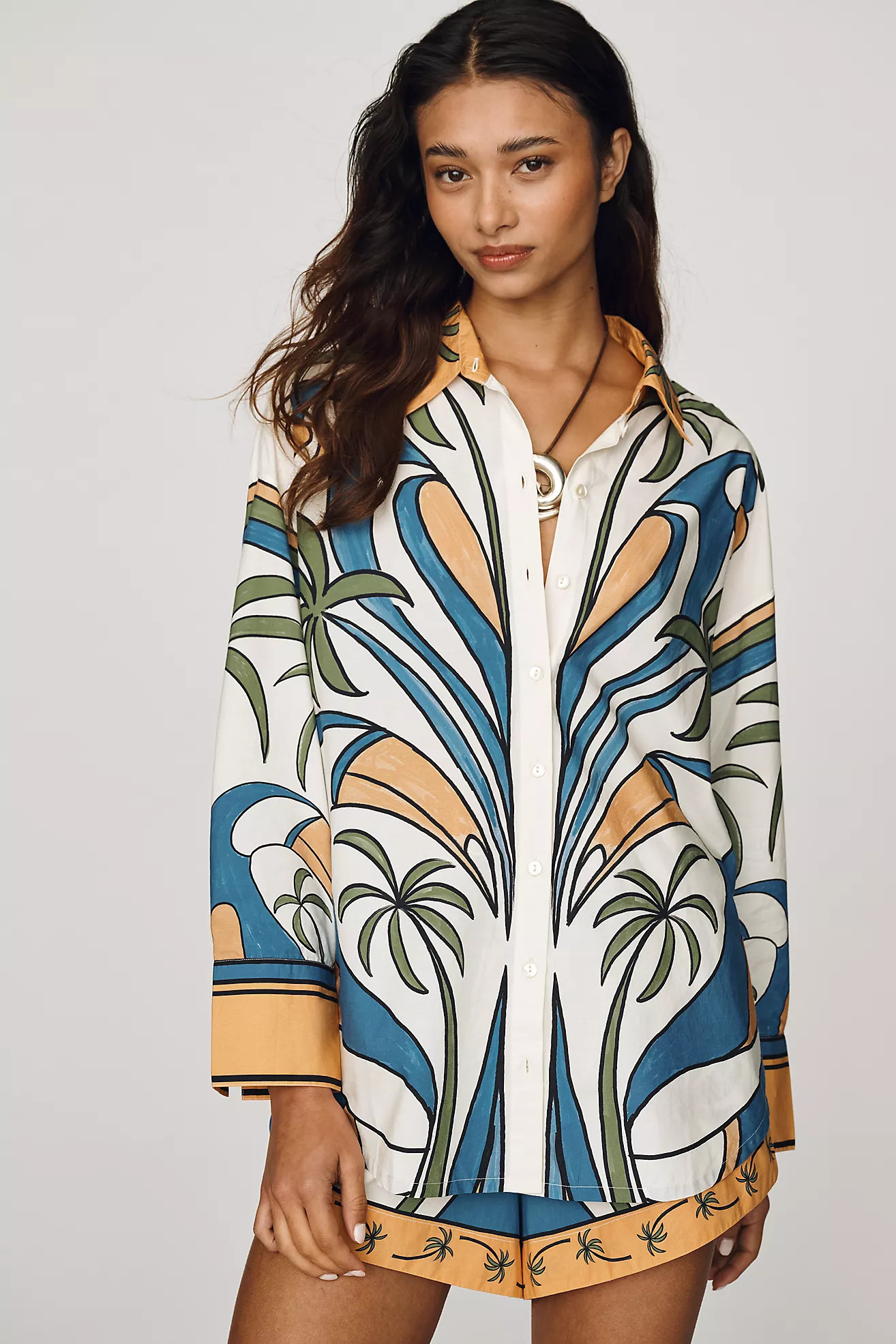 Farm Rio Cotton Geometric Buttondown Shirt | Anthropologie (US)