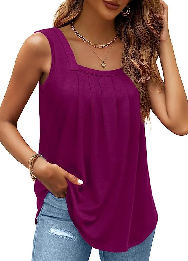 AGSEEM Summer Tank Tops for Women Loose Fit Pleated Square Neck Sleeveless Tops Curved Hem Flowy | Amazon (US)