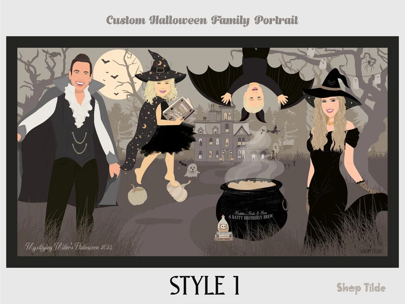 Custom Family Halloween Portrait With Pets, Halloween Family Portrait, Spooktacular Home Decor, H... | Etsy (US)