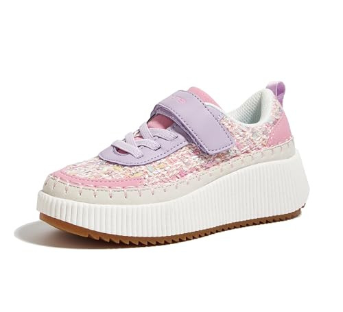 LUCKY STEP Children/Kids/Boys/Girl Glitter Comfort Casual School Low Top Sneaker Strap Athletic Tennis Running Shoes (Pink/Purple Knit,Little Kids 11) | Amazon (US)