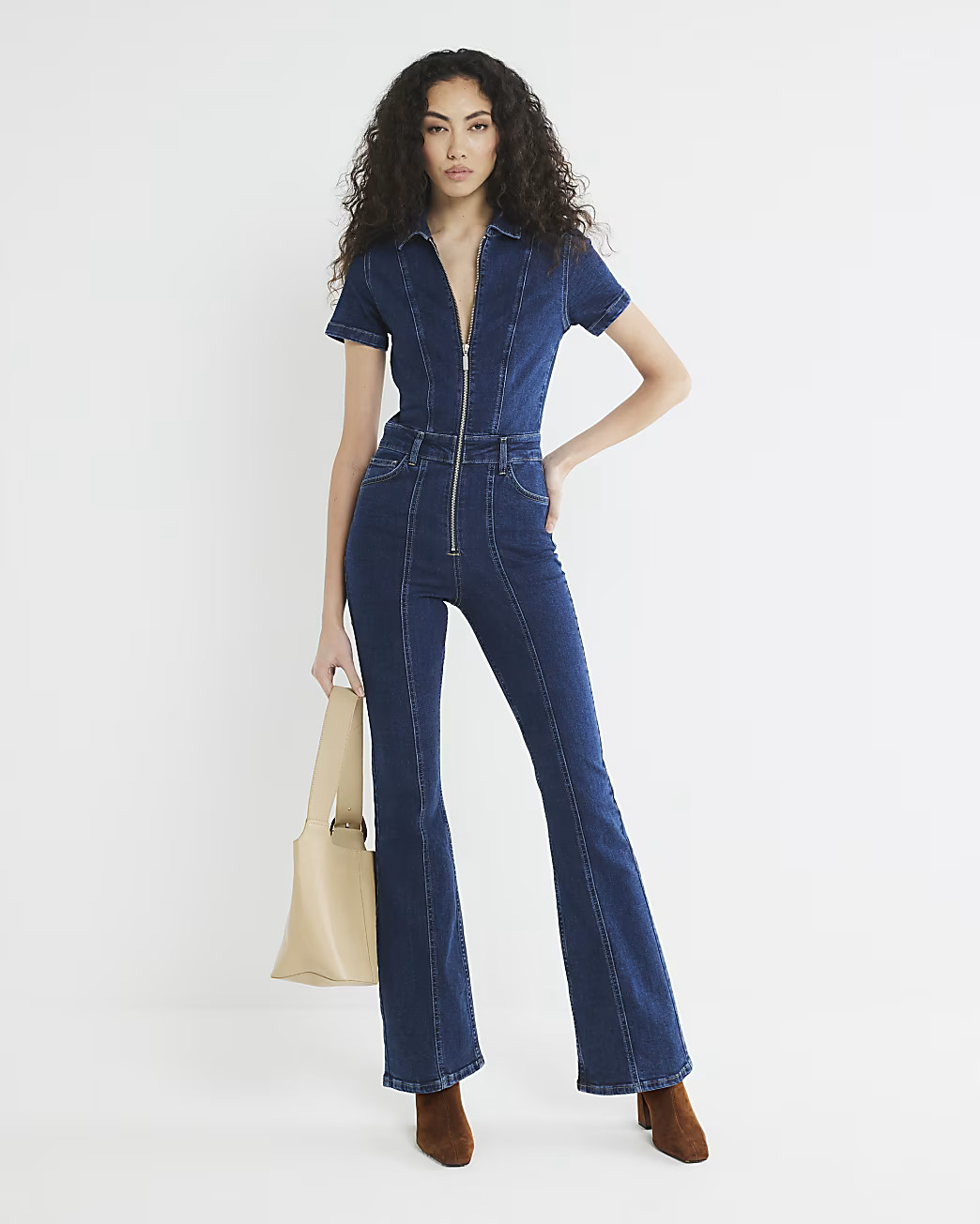 Blue Denim Flare Leg Jumpsuit | River Island UK & IE