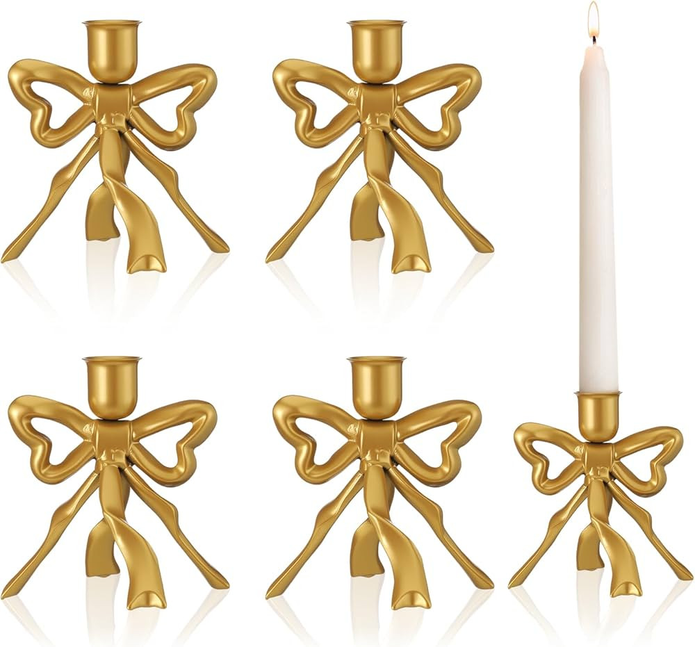 Mumufy 4 Pcs Gold Bow Taper Candle Holder Vintage Metal Candle Stick Holders Antique Brass Decora... | Amazon (US)