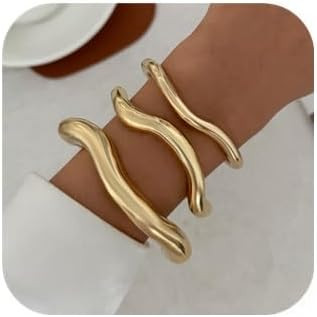 3PCS Chunky Gold Bangle Bracelets for Women Stack Trendy Statement Cuff Bracelet Set Fashion Wide... | Amazon (US)