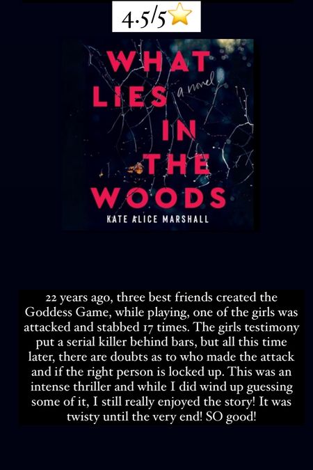 28. What Lies in the Woods by Kate Alice Marshall :: 4.5/5⭐️ 22 years ago, three best friends created the Goddess Game, while playing, one of the girls was attacked and stabbed 17 times. The girls testimony put a serial killer behind bars, but all this time later, there are doubts as to who made the attack and if the right person is locked up. This was an intense thriller and while I did wind up guessing some of it, I still really enjoyed the story! It was twisty until the very end! SO good!


#LTKhome #LTKtravel
