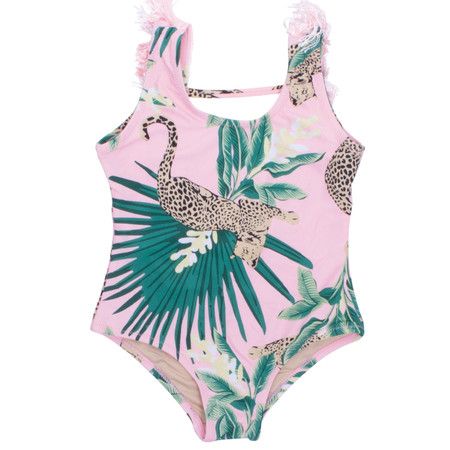 Tropical Leopard Fringe Back Girls One Piece Swimsuit (only 10-14) | Shade Critters