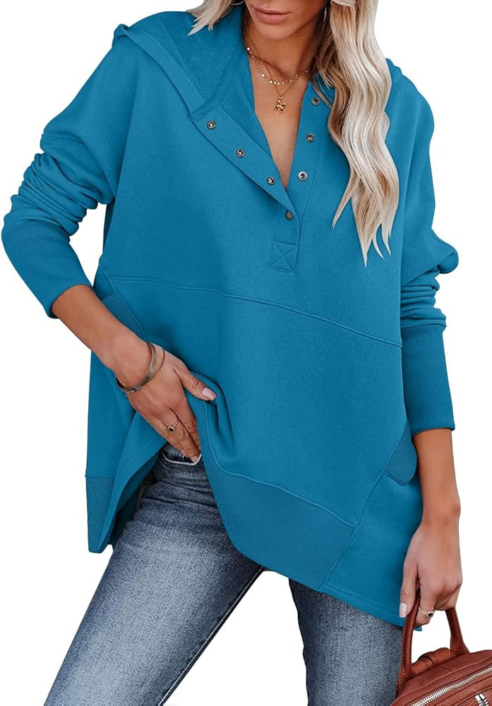 onlypuff Womens Oversized Hoodies and Sweatshirt V Neck Button up Loose Fit Henley Shirt 2022 Fal... | Amazon (US)