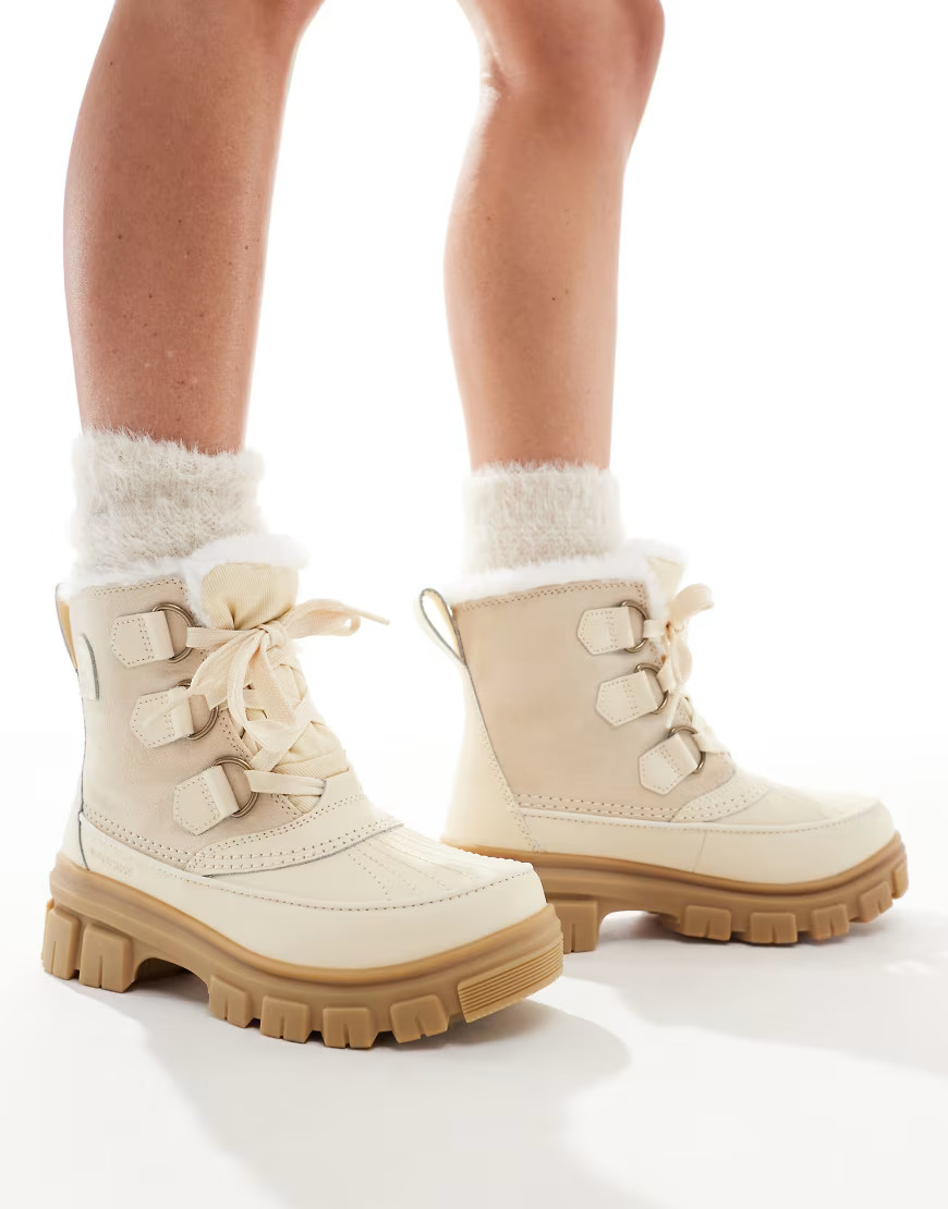 Sorel Torino V WP waterproof fleece lined faux fur leather snow boots in honey white and sea salt | ASOS (Global)