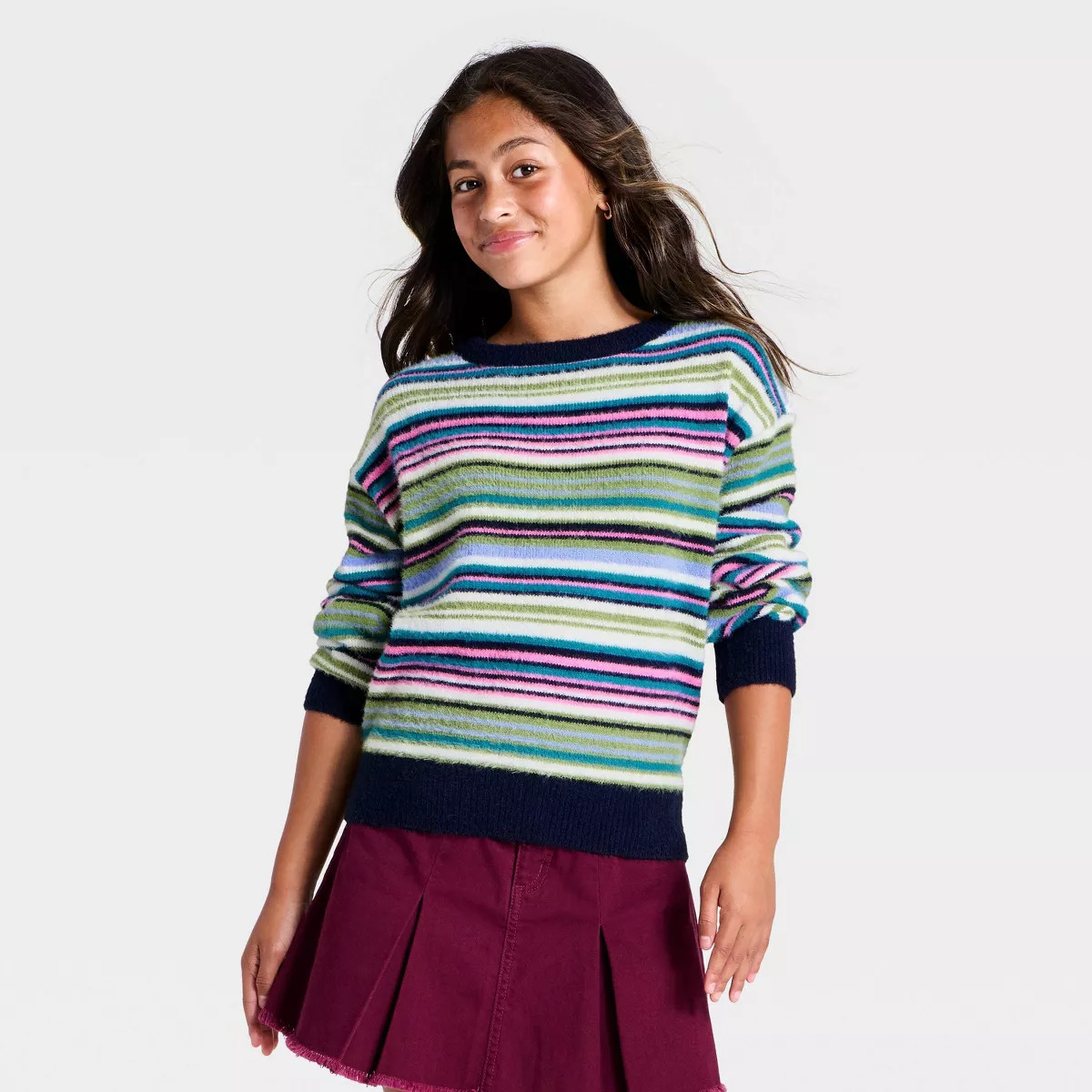 Girls' Striped Pullover Sweater - art class\u2122 Navy Blue/Off-white XL | Target