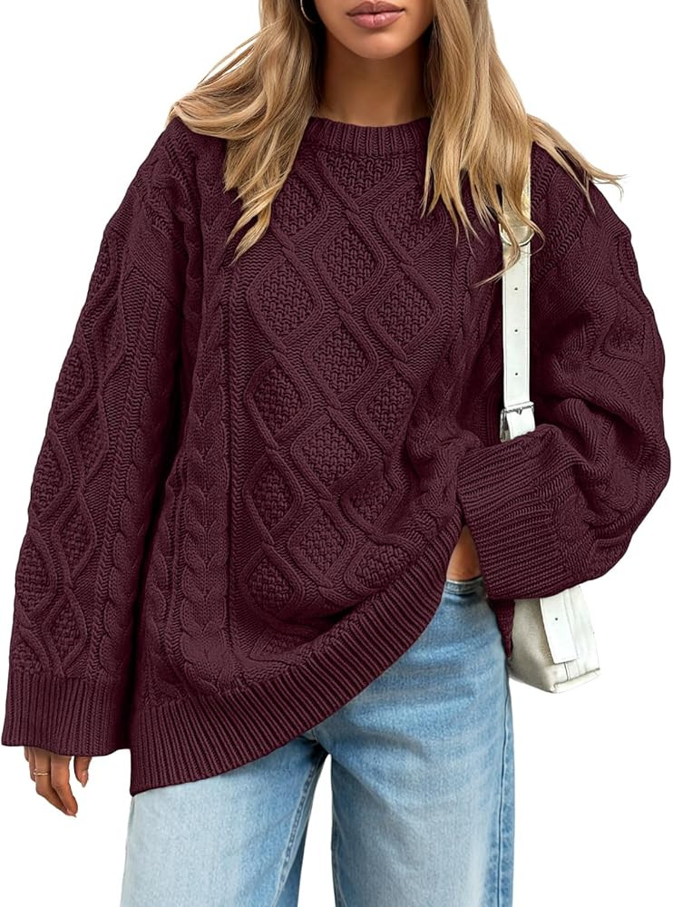 Trendy Queen Women's Oversized Cable Knit Crewneck Sweaters Cozy Winter Clothes | Amazon (US)