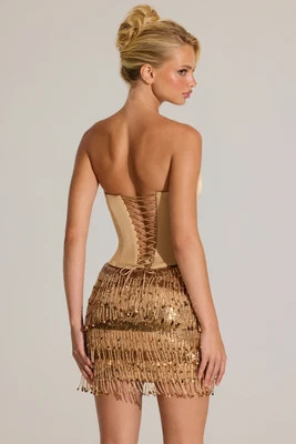 Satin Corset Fringed Mini Dress in Gold | Oh Polly