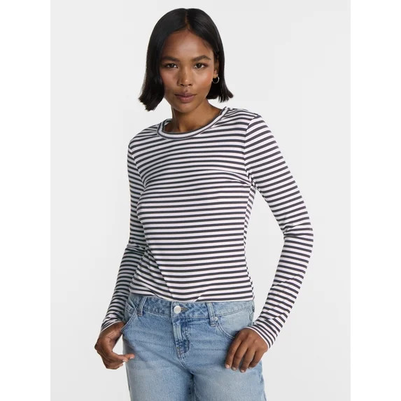 No Boundaries Ribbed Crewneck Tee with Long Sleeves, Women's & Women's Plus XXS-4X | Walmart (US)